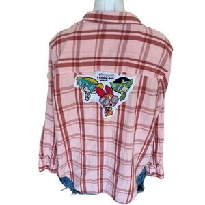 Powderpuff Plaid Gauze Shirt XXL Oversized Upcycle Unique Retro Y2Ks Shacket